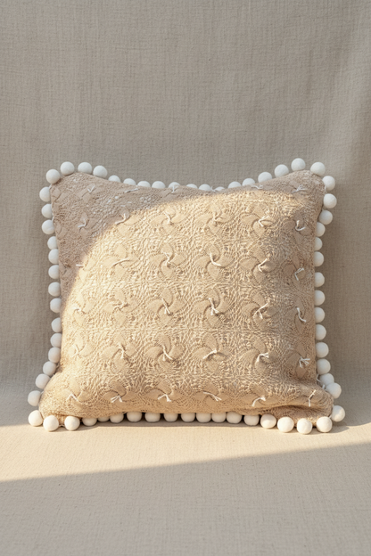 Vintage Crochet Lace Pillow | Pom pom trimmed Throw Pillow | Quiet Heirloom 20”x20”