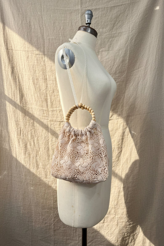 Beige Crochet Square bottom Lace Bag with Wood Bead Handles | Vintage Cottagecore Bag
