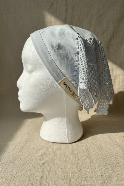 Upcycled Cotton and Lace Hair Scarf– Red Cabbage Dyed Cotton Head Scarf| Quiet Heirlooms