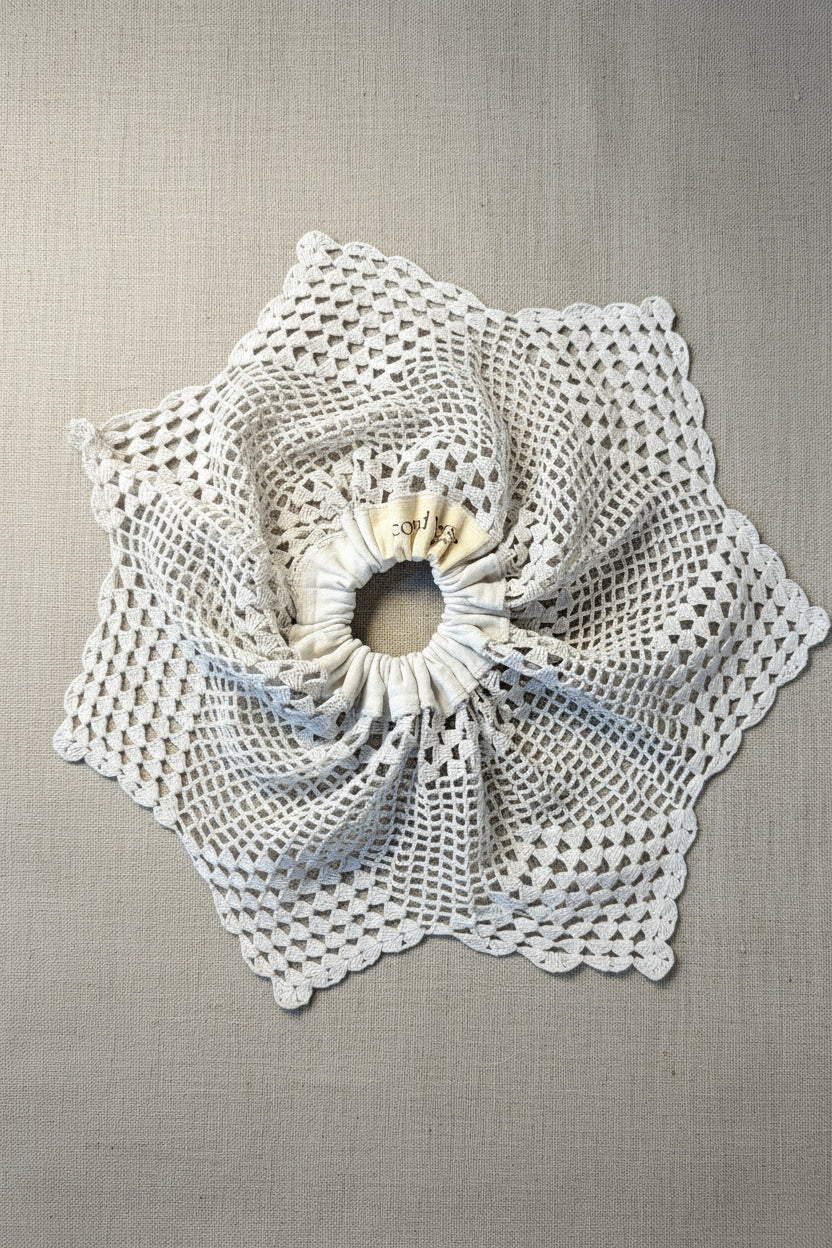 Upcycled Lace Scrunchie – Red Cabbage Dyed Lace Scrunchie | Quiet Heirlooms
