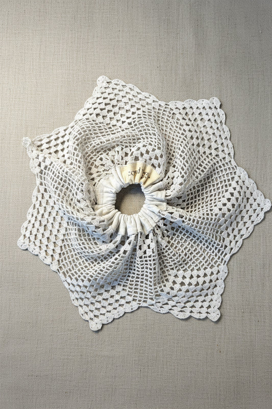 Upcycled Lace Scrunchie – Red Cabbage Dyed Lace Scrunchie | Quiet Heirlooms