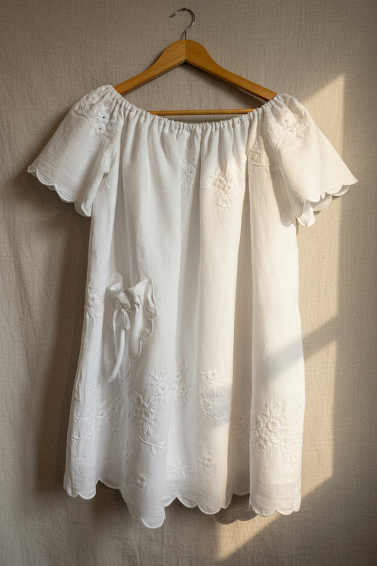 Upcycled Linen Dress – White Linen Embroidered Dress| Quiet Heirlooms