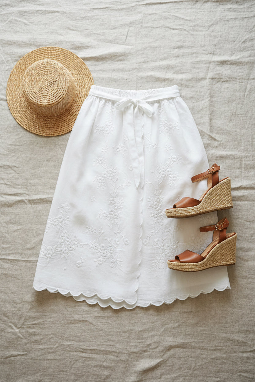 Upcycled Linen Skirt– White Linen Embroidered Midi Skirt| Quiet Heirlooms