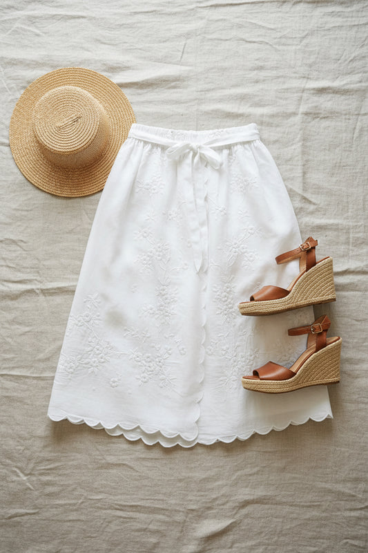 Upcycled Linen Skirt– White Linen Embroidered Midi Skirt| Quiet Heirlooms