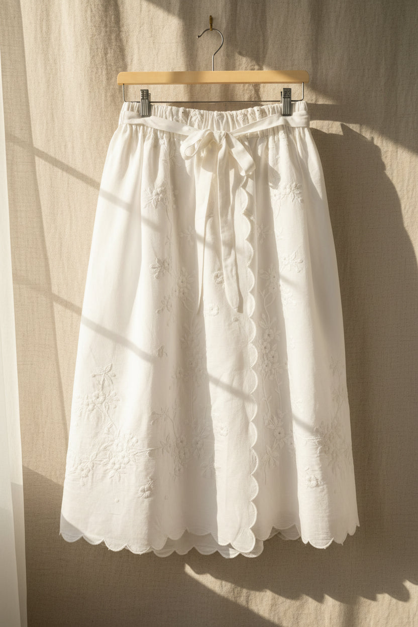 Upcycled Linen Skirt– White Linen Embroidered Midi Skirt| Quiet Heirlooms