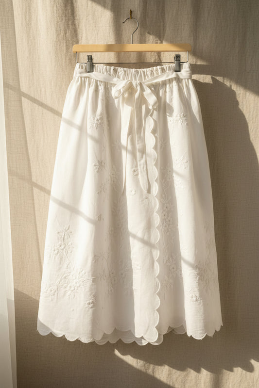 Upcycled Linen Skirt– White Linen Embroidered Midi Skirt| Quiet Heirlooms