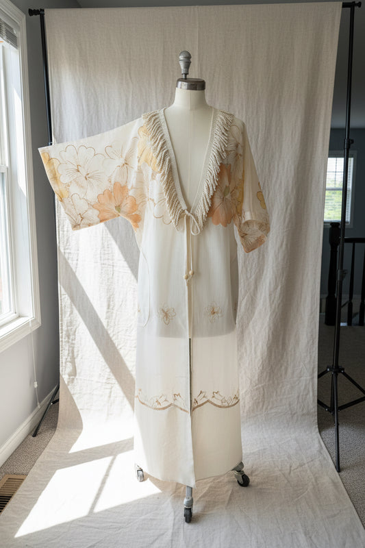 Upcycled Long Floral Duster Coat – Handmade Vintage Textiles | Retro Floral
