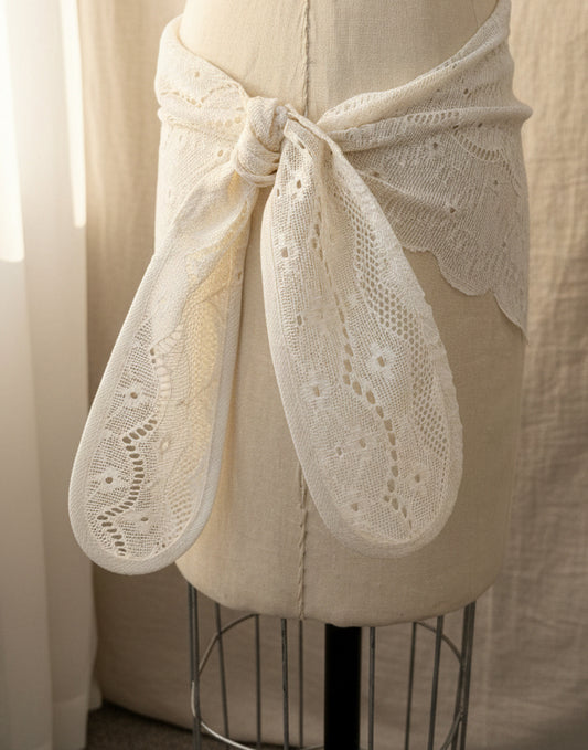 Upcycled Lace Triangle Scarf with Tie- Ivory Lace Wrap| Summer Lace