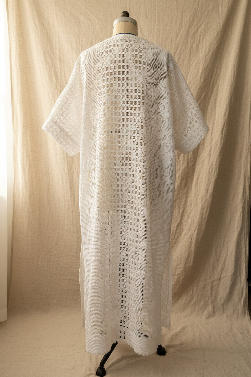 Upcycle White Cotton Crochet Duster Coat | Upcycled Crochet Bed Spread
