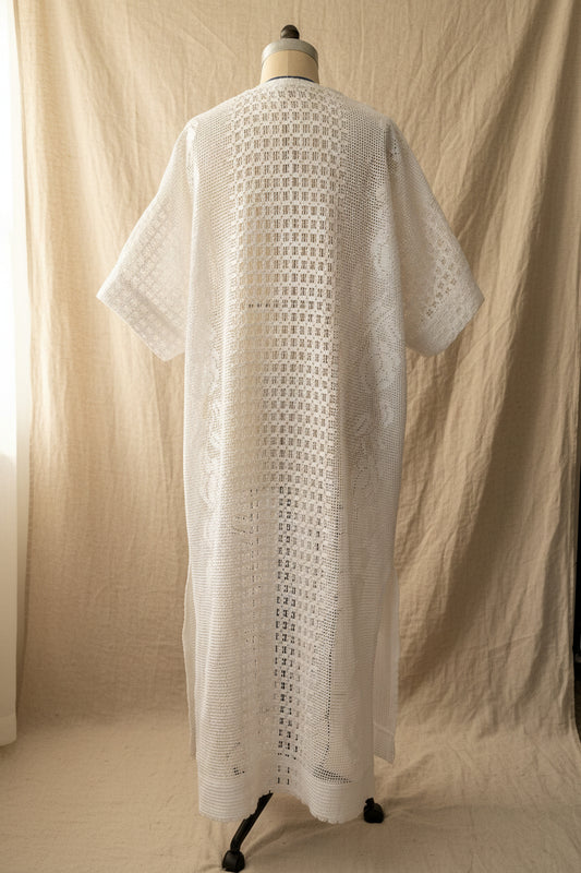 Upcycle White Cotton Crochet Duster Coat | Upcycled Crochet Bed Spread