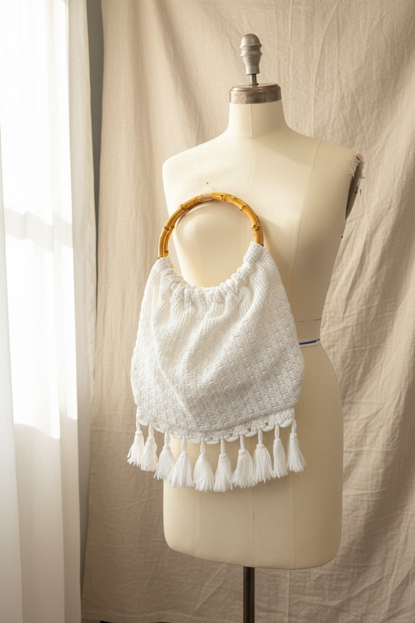 White Crochet Lace Purse with Tassels  | Upcycled Cotton Bed Spread
