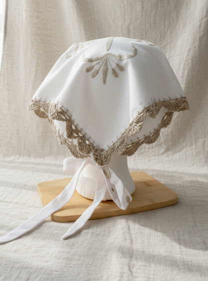 White Cotton Hair Scarf with Embroidery  | Upcycled Embroidered Linen