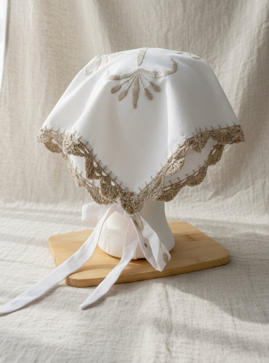 White Cotton Hair Scarf with Embroidery  | Upcycled Embroidered Linen