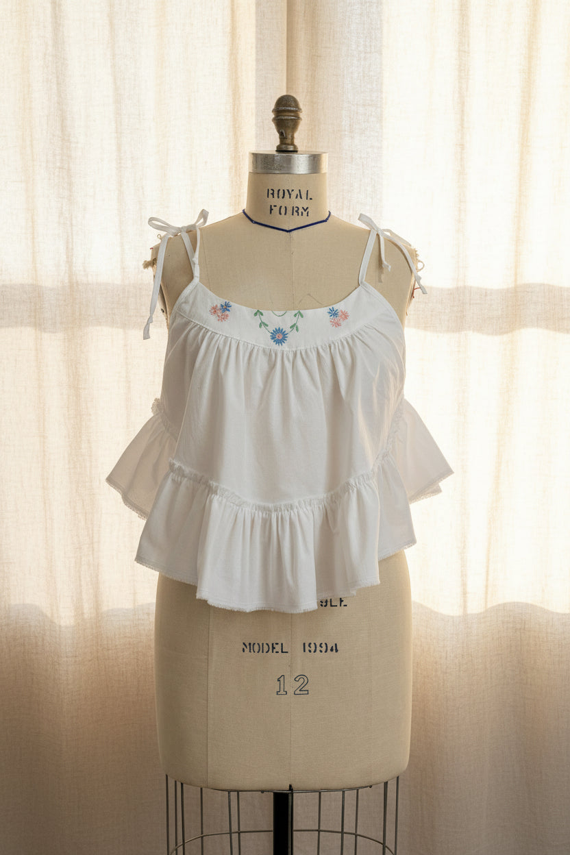 Soft White Linen Camisole Top | Upcycled Vintage Linen & Embroidered Tea Towel