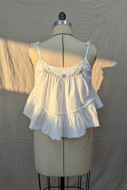Soft White Linen Camisole Top | Upcycled Vintage Linen & Embroidered Tea Towel