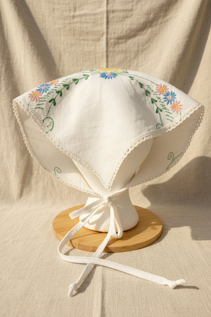 Soft White Linen Hair Scarf | Upcycled Vintage Embroidered Tea Towel
