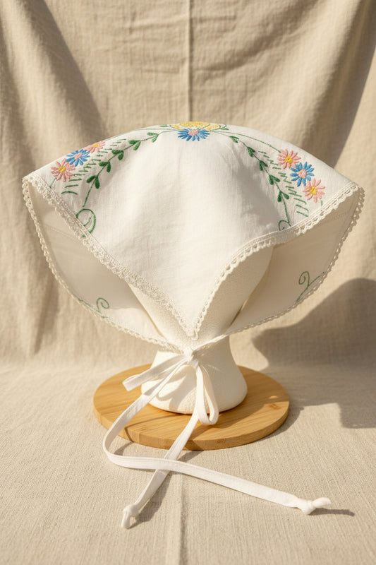Soft White Linen Hair Scarf | Upcycled Vintage Embroidered Tea Towel