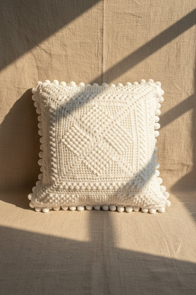 White Crochet Pillows with Pom Pom