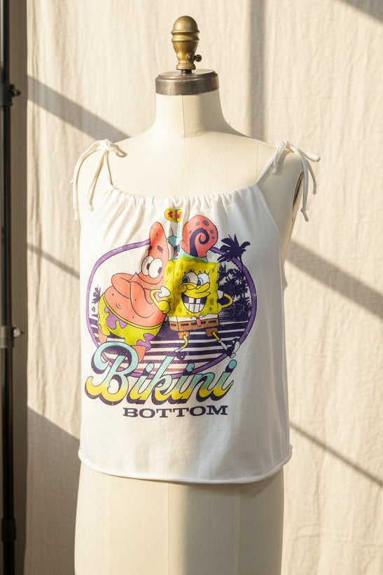Sponge Bob White Adjustable Tie Tank Top - Upcycled T-Shirt