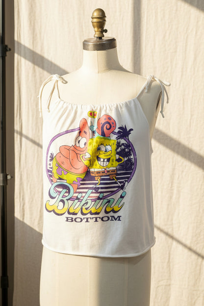 Sponge Bob White Adjustable Tie Tank Top - Upcycled T-Shirt