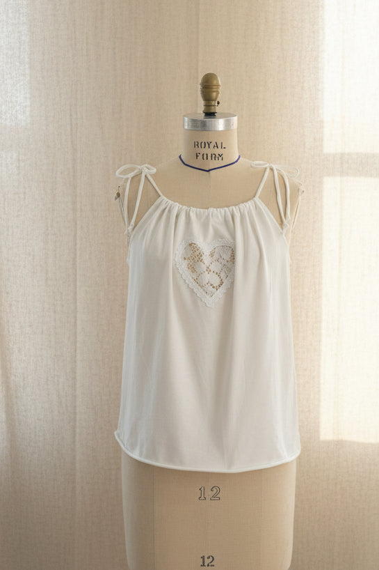 Lace Heart Cut Out White Adjustable Tie Tank Top - Upcycled T-Shirt