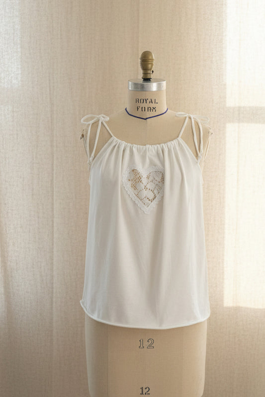 Lace Heart Cut Out White Adjustable Tie Tank Top - Upcycled T-Shirt