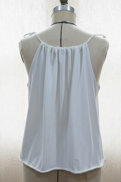 Lace Heart Cut Out White Adjustable Tie Tank Top - Upcycled T-Shirt