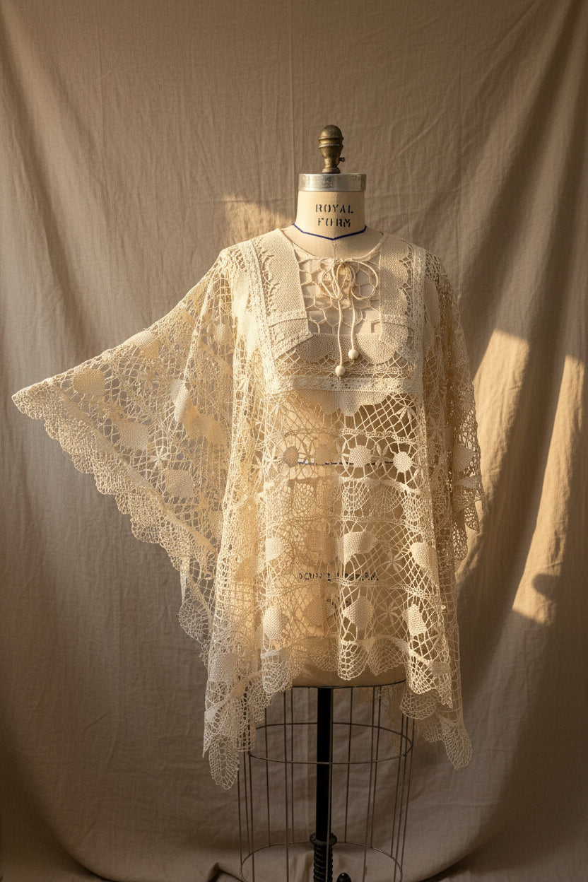 Cream Crochet Lace Poncho | Upcycled Vintage Lace Table Linen