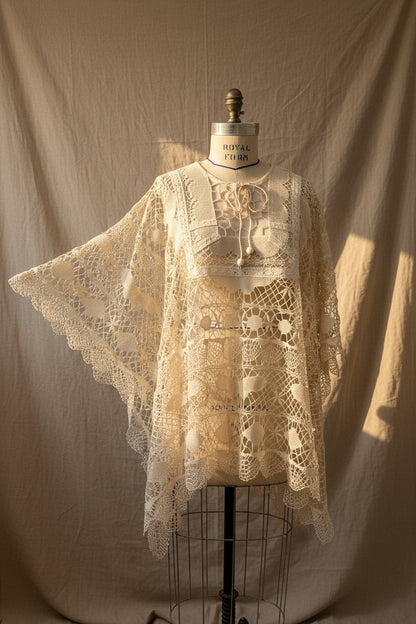 Cream Crochet Lace Poncho | Upcycled Vintage Lace Table Linen
