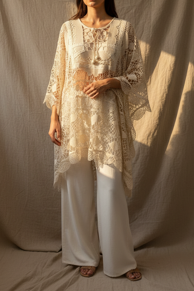 Cream Crochet Lace Poncho | Upcycled Vintage Lace Table Linen