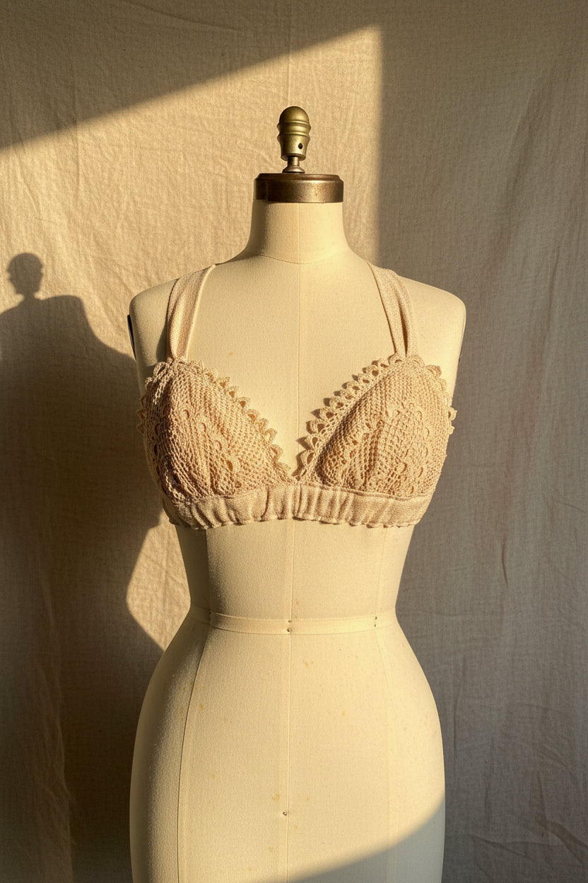 Beige lace bra on a mannequin against a neutral background