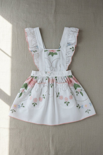 Floral child apron with embroidered details on a neutral background