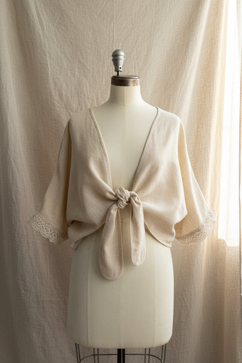 Beige lace shrug on a mannequin against a beige curtain background