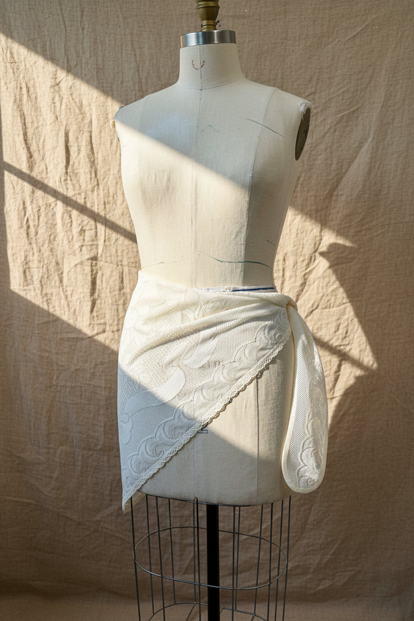 Mannequin wearing a white textured garment against a beige background