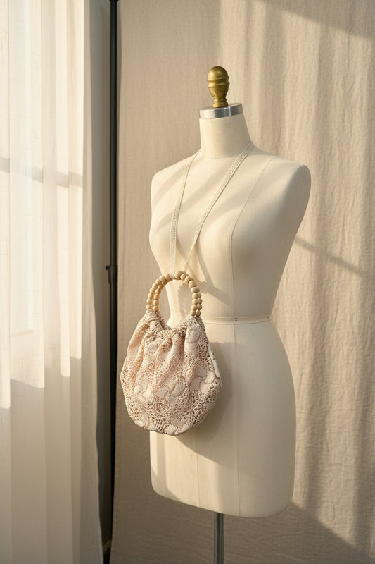 Beige crochet handbag with wooden handle on a mannequin against a neutral background