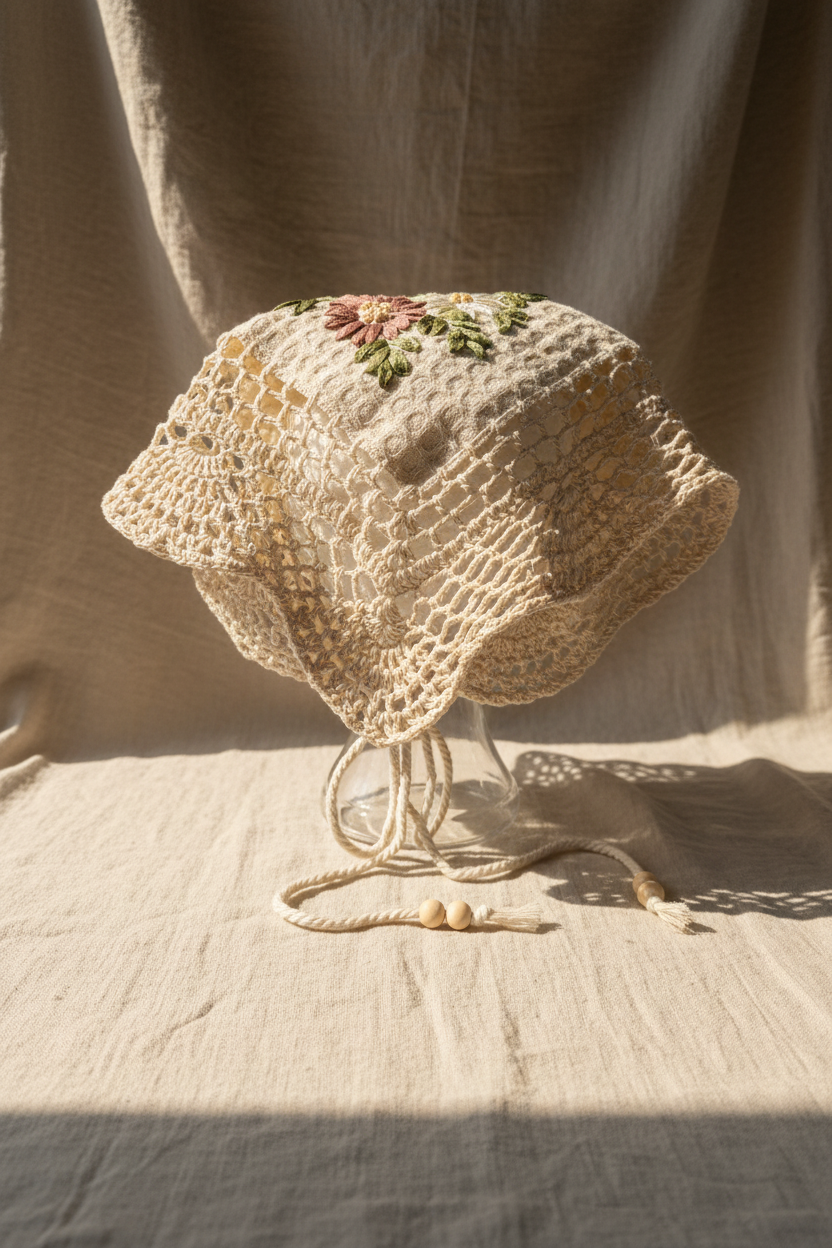 back view, Crochet hair scarf with ribbon embroidery 