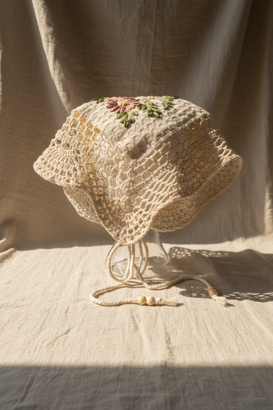 back view, Crochet hair scarf with ribbon embroidery 