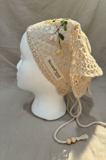Side view, Crochet hair scarf with ribbon embroidery 