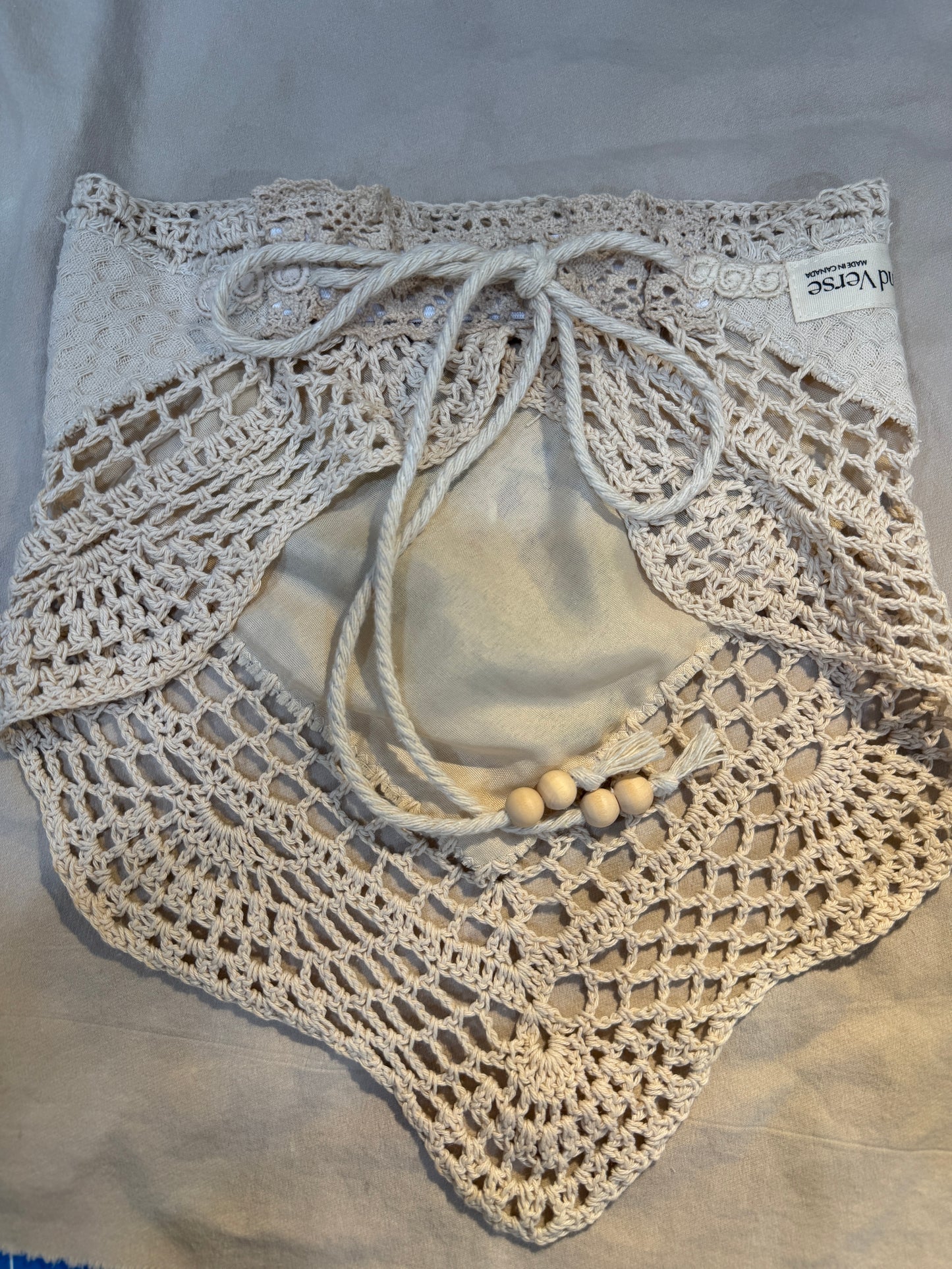 Tie view, Crochet hair scarf with ribbon embroidery 