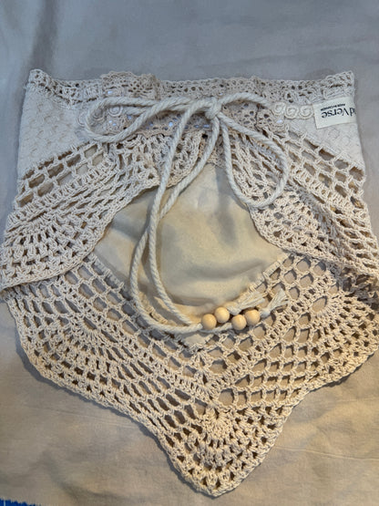 Tie view, Crochet hair scarf with ribbon embroidery 