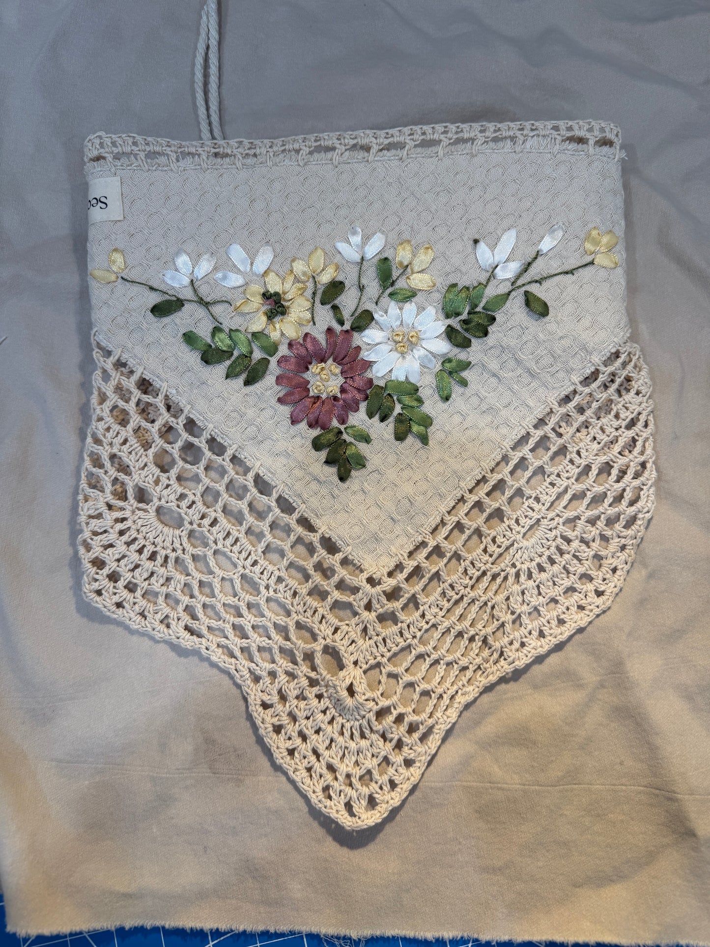 top view, Crochet hair scarf with ribbon embroidery 