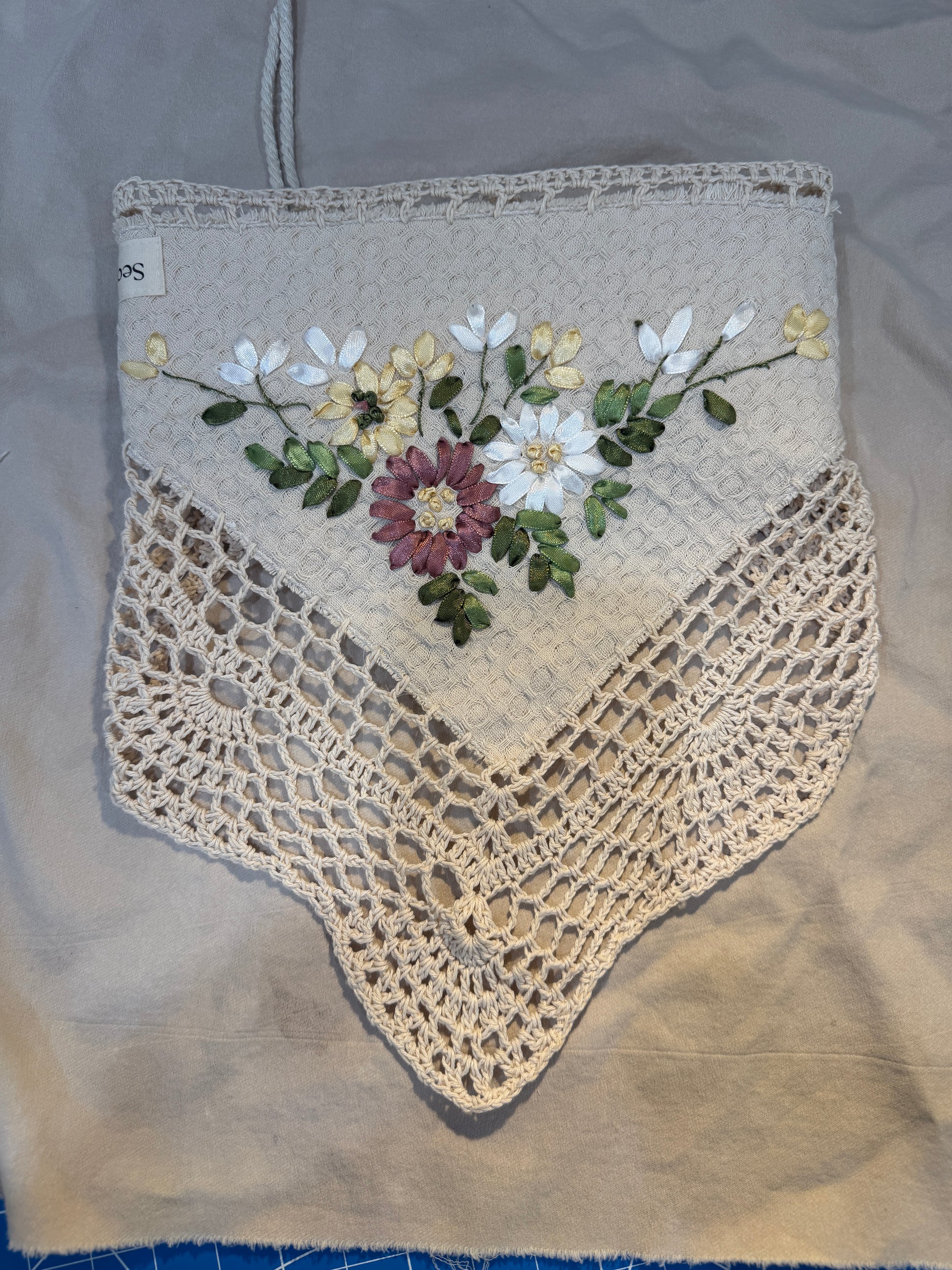 top view, Crochet hair scarf with ribbon embroidery 