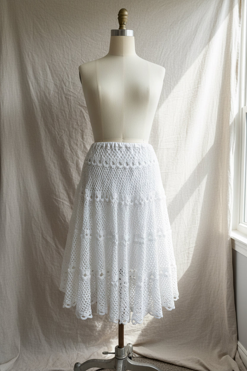 White lace skirt on a mannequin against a white curtain
