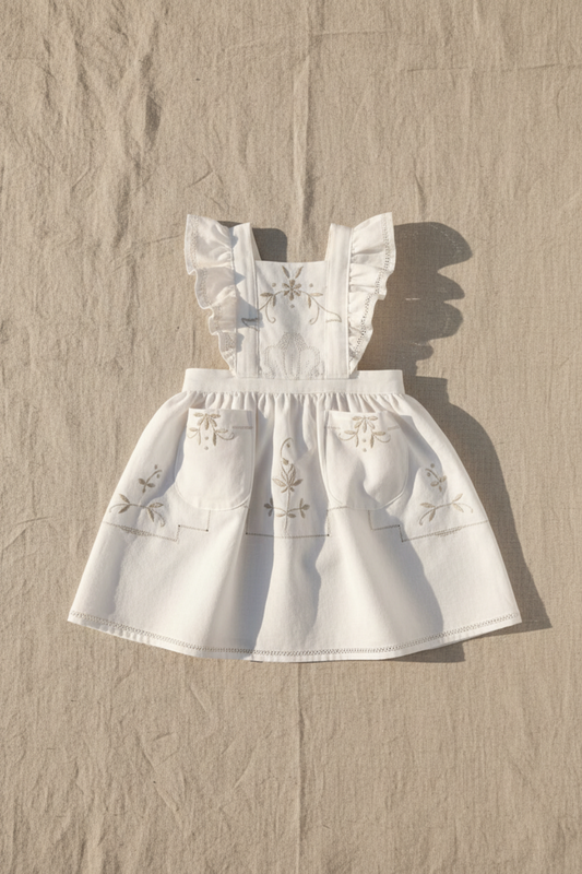 White apron with floral embroidery on a beige textured background