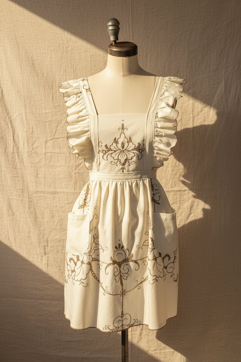 Ivory apron with brown floral embroidery on a mannequin against a plain background