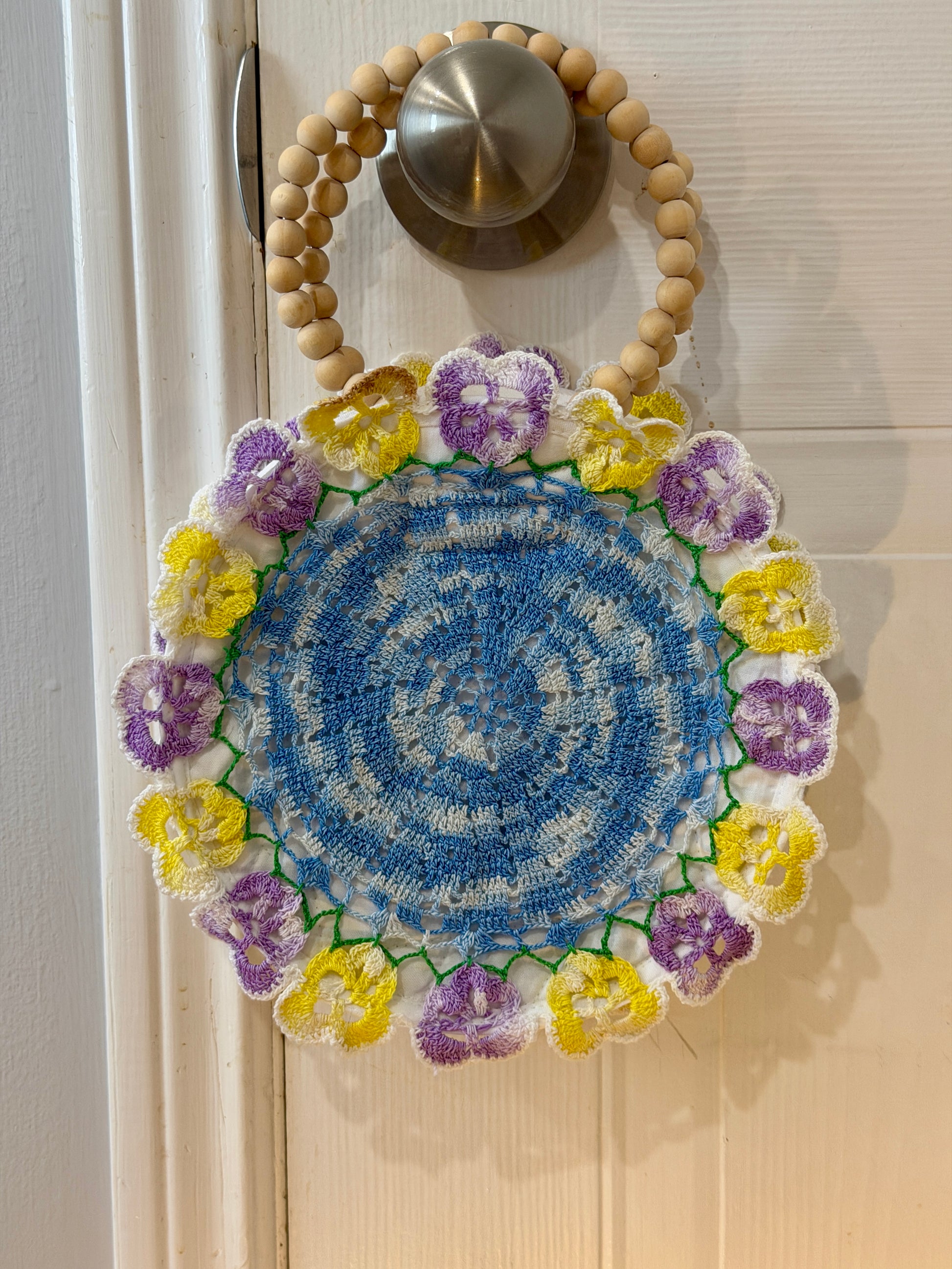 Upcycled doily purse made from vintage lace with wooden bead handles