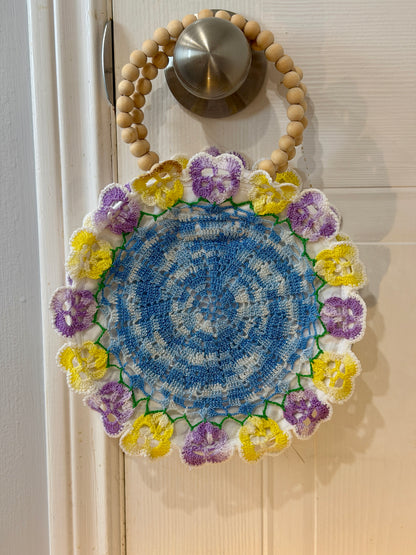 Upcycled doily purse made from vintage lace with wooden bead handles