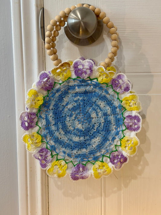 Upcycled doily purse made from vintage lace with wooden bead handles