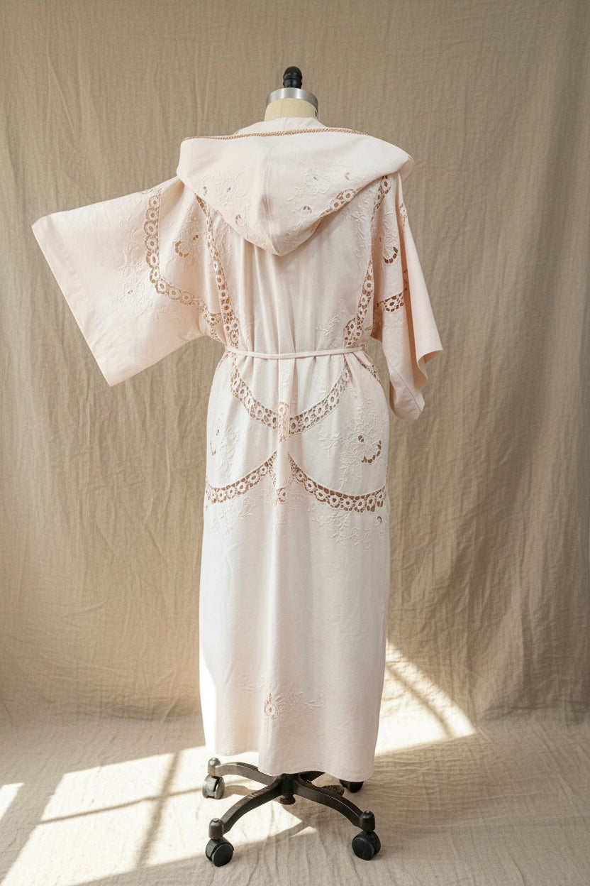 One-of-a-kind upcycled lace back view duster coat made from vintage  lace table cloth with adjustable tie waist, from the Quiet Heirlooms collection