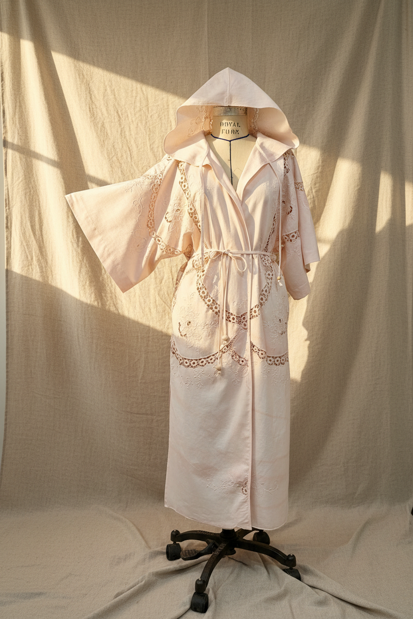 One-of-a-kind upcycled lace front view duster coat made from vintage  lace table cloth with adjustable tie waist, from the Quiet Heirlooms collection